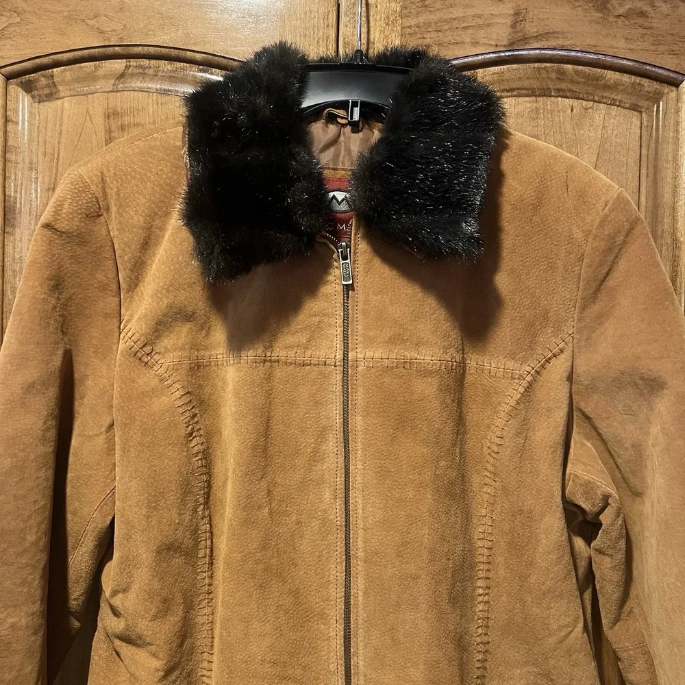 MARC MATTIS Genuine‎ Leather Brown Full-Zip Jacket Size XL Furry Hood Women's